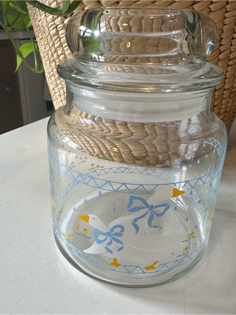 Vintage Country Goose Glass Canister Jar Lid Yellow Flowers Anchor Hocking 80s